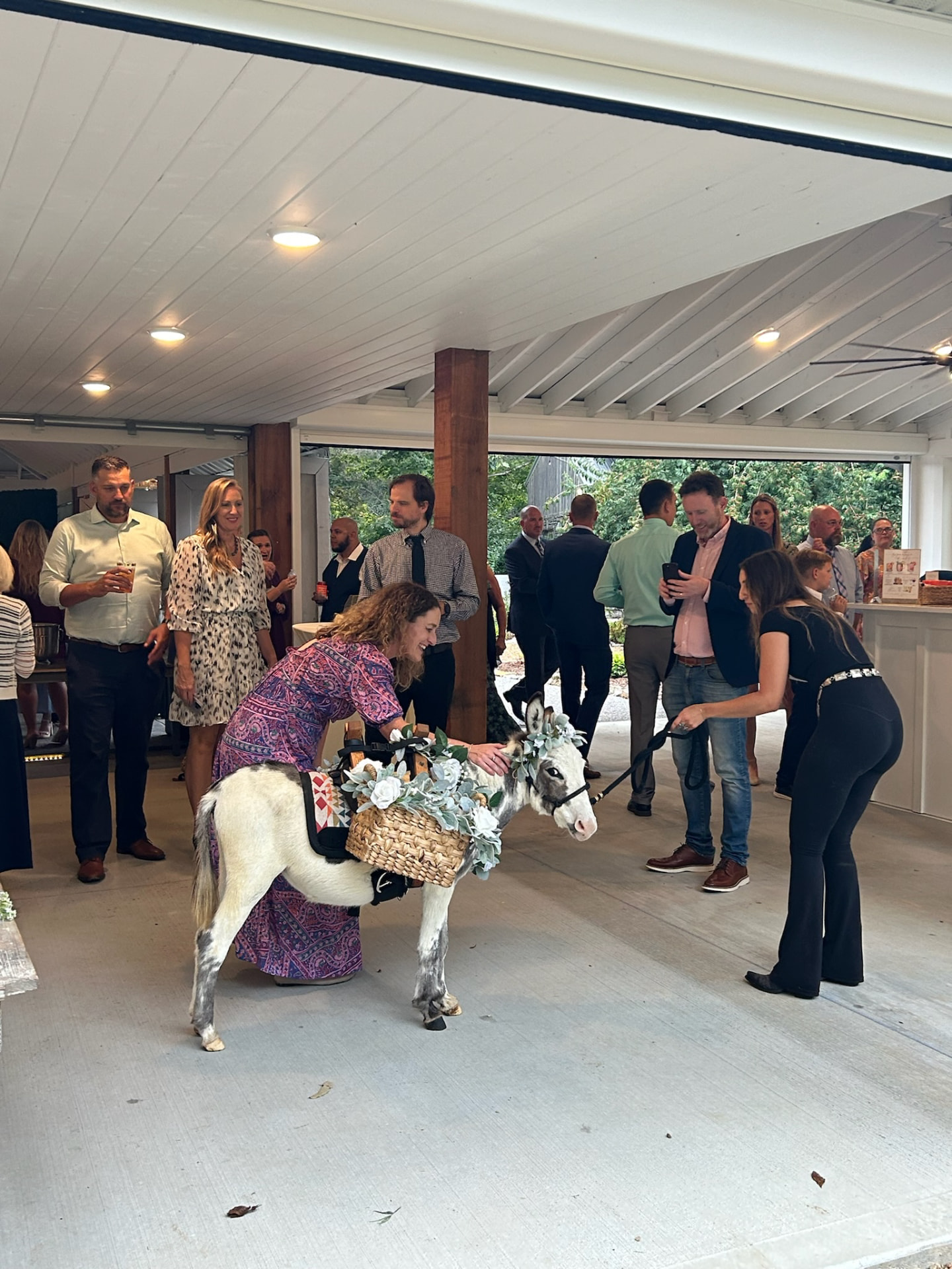 Peaches greeting guests during a wedding reception